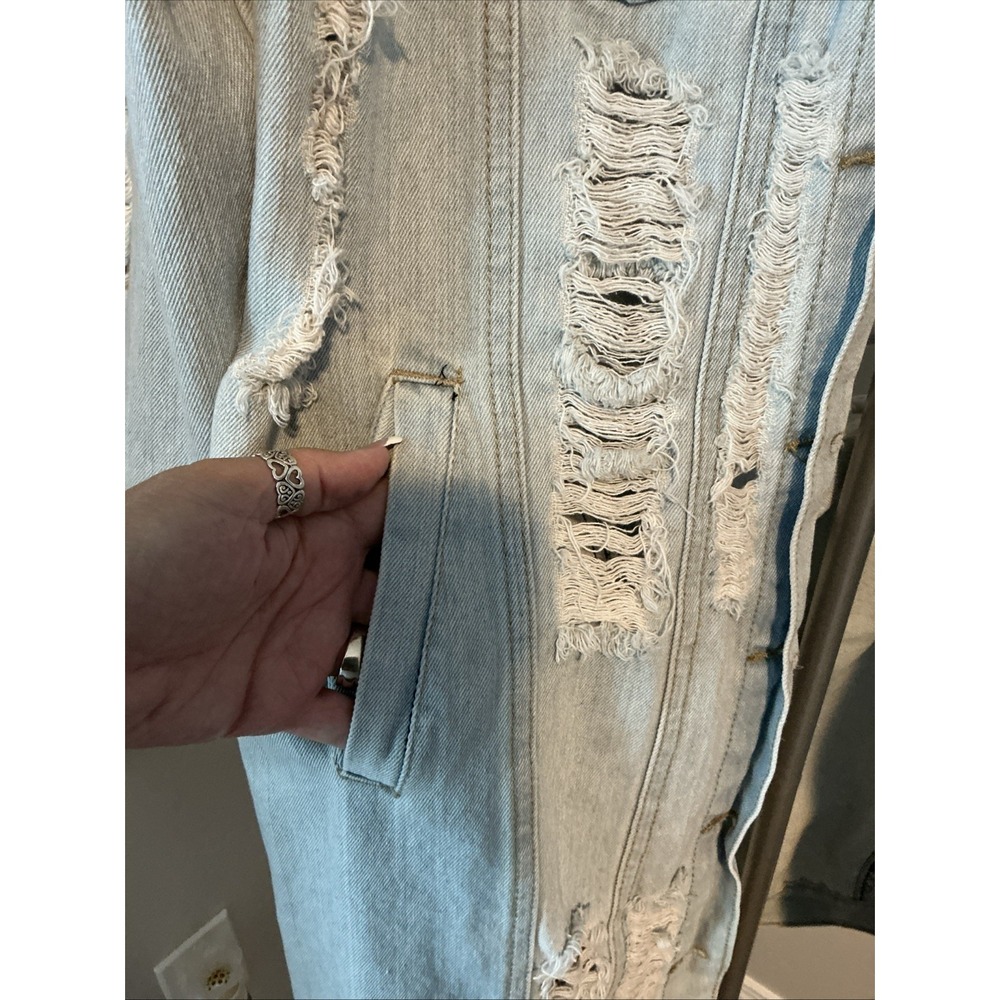 Thrill Jeans Long Denim Acid Washed Jacket Distressed Destroyed Frayed Button 2X - Picture 2 of 13